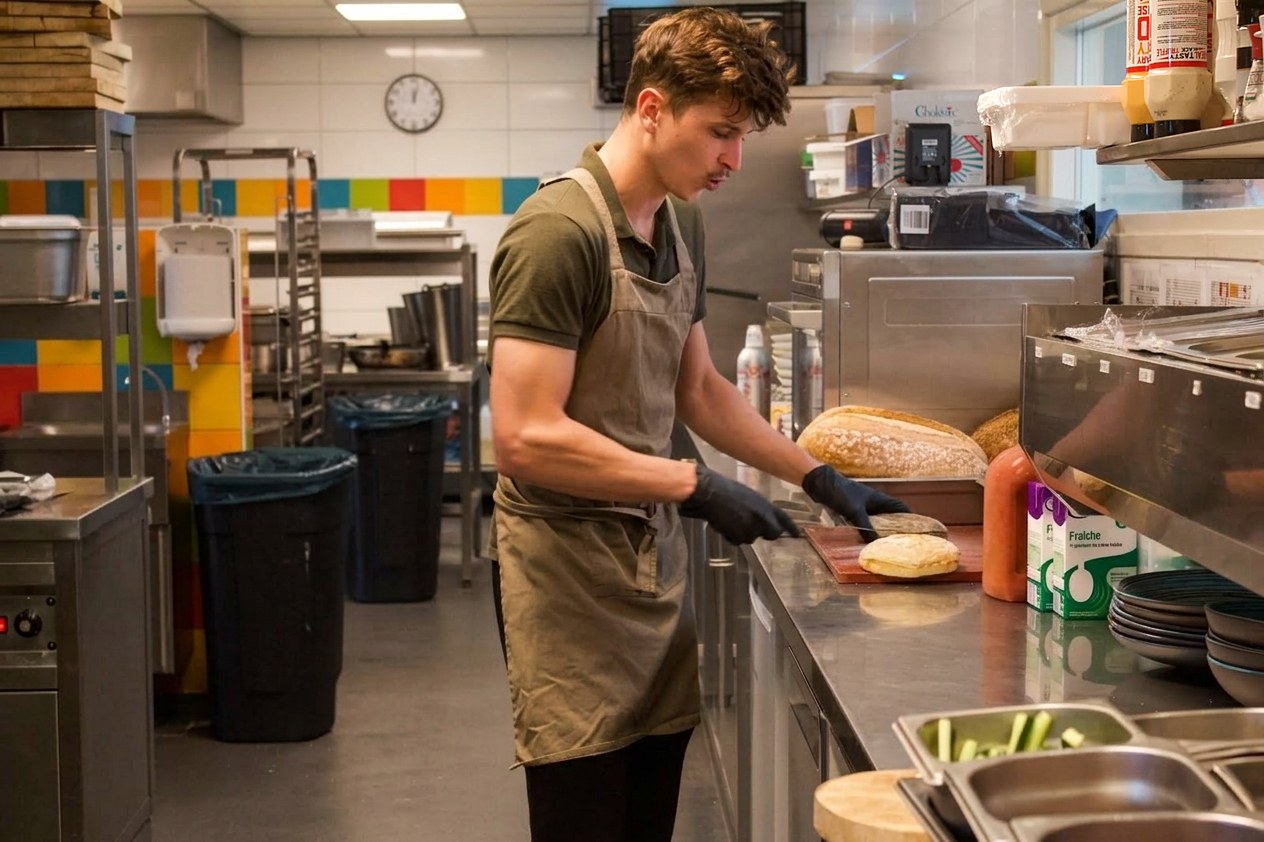 Keukenmedewerker snijdt brood op de werkbank in de keuken van een horecabedrijf