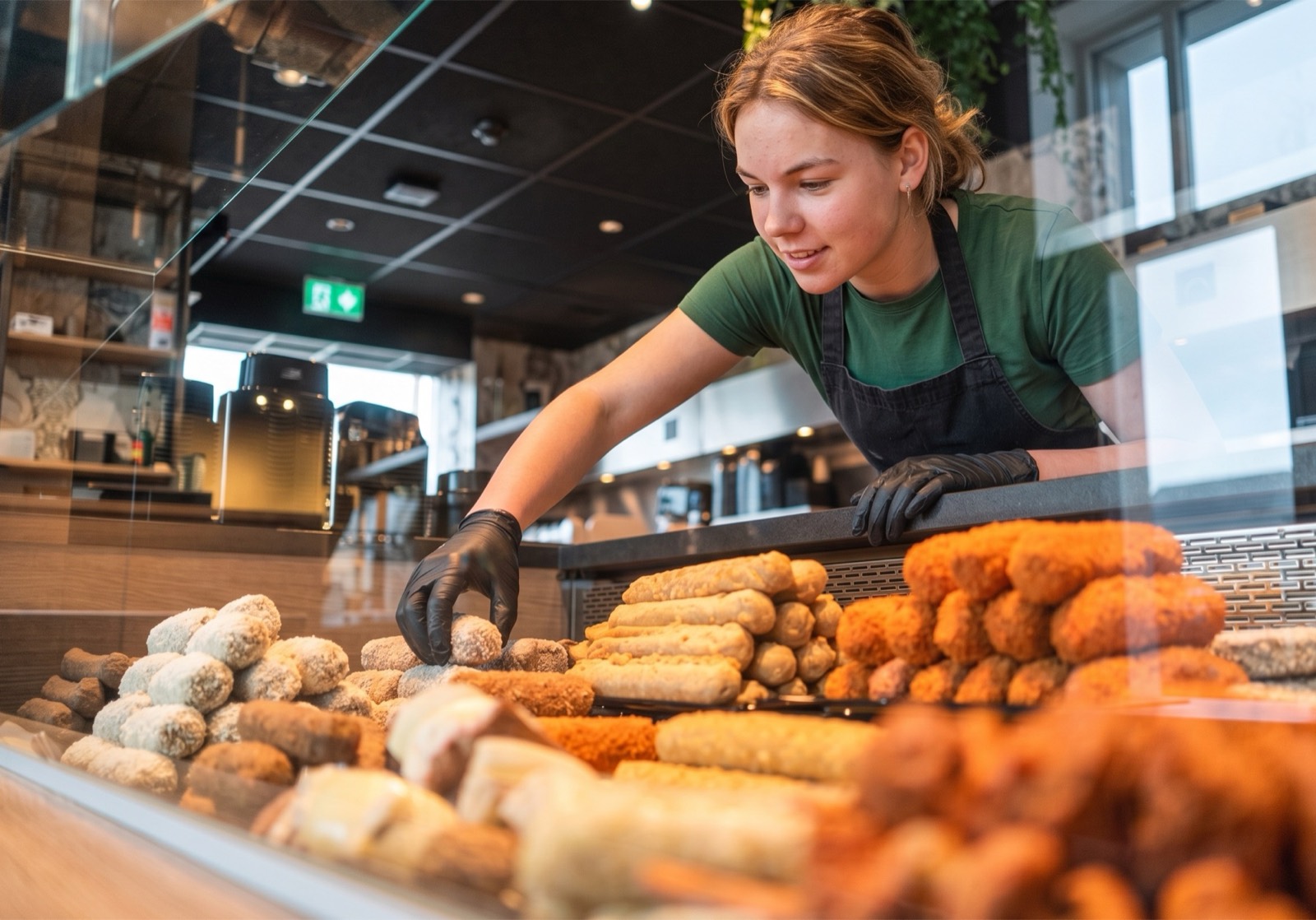 Medewerker in de snackbar legt de vitrine bij